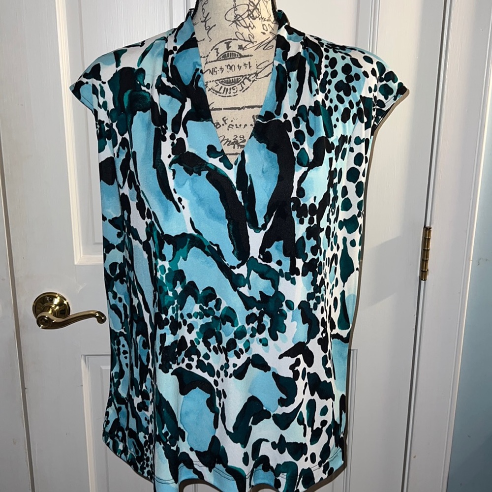 Liz Claiborne vintage slinky top LARGE blues & blacks pretty shirt